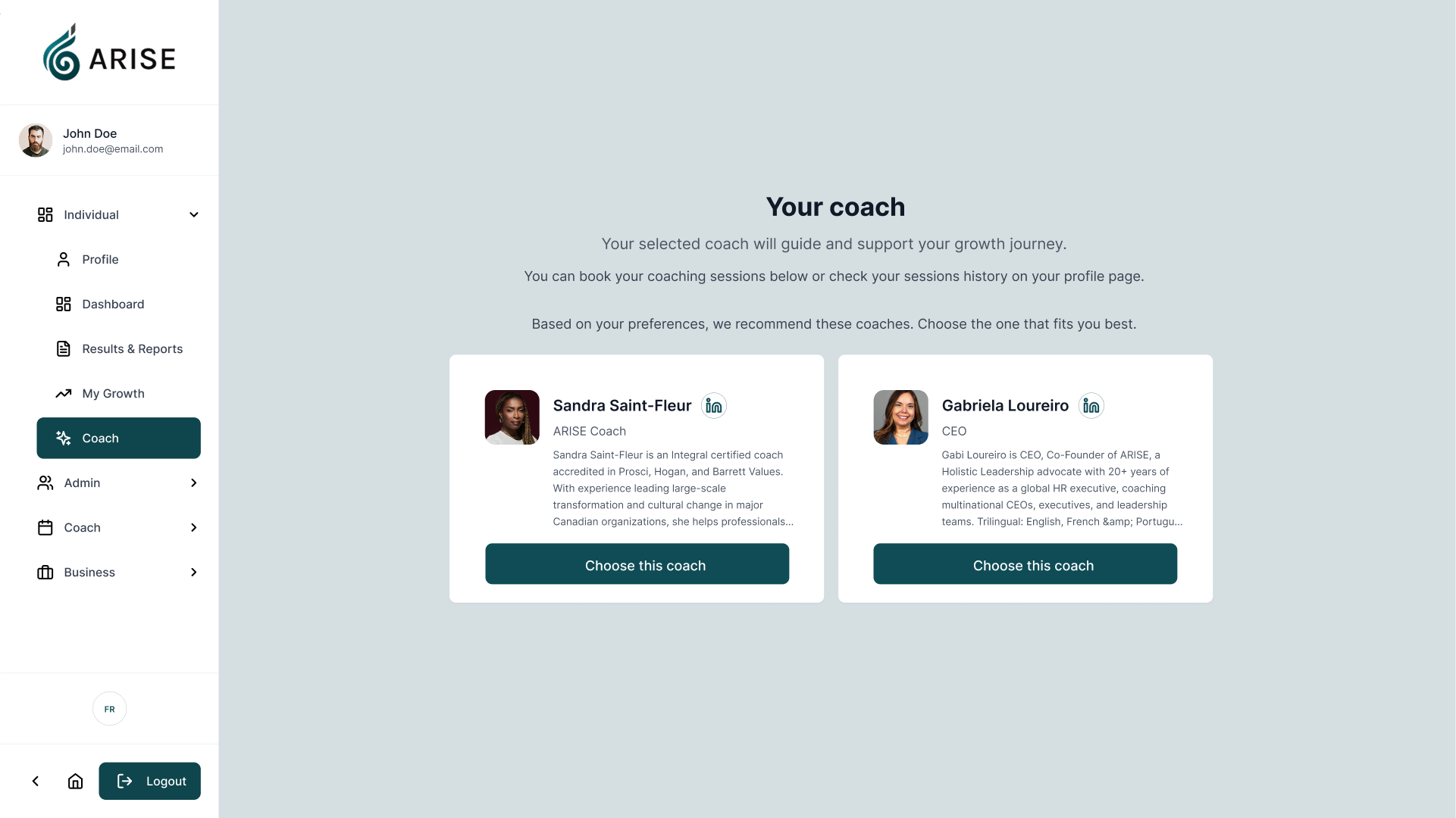 ARISE coaching platform dashboard